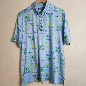 Society Of Threads Polo Shirt Mens XL Blue Cactus Print Golf Stretch Casual